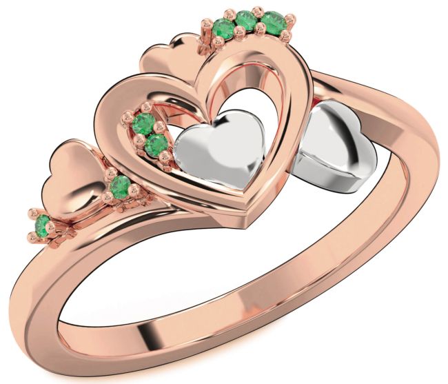 Emerald Rose Gold Silver Heart Ring