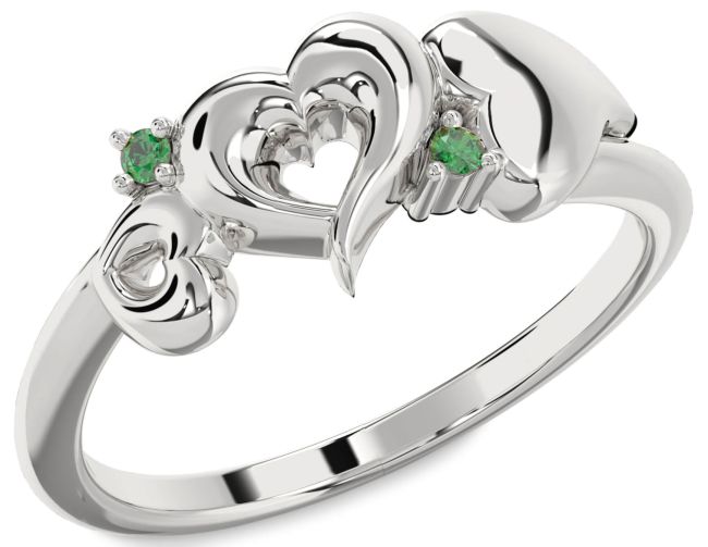 Emerald Silver Heart Two Stone Birthstone Ring