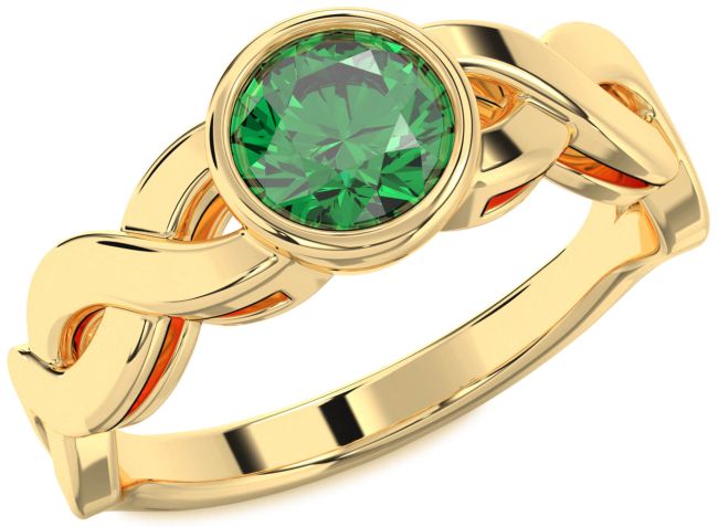 Emerald Gold Silver Round Solitaire Engagement Ring