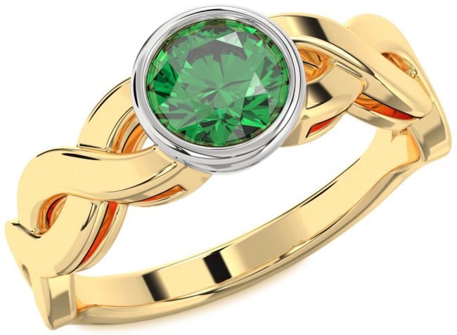 Emerald Gold Silver Round Solitaire Engagement Ring