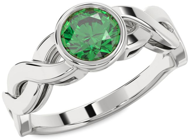 Emerald Silver Round Solitaire Engagement Ring