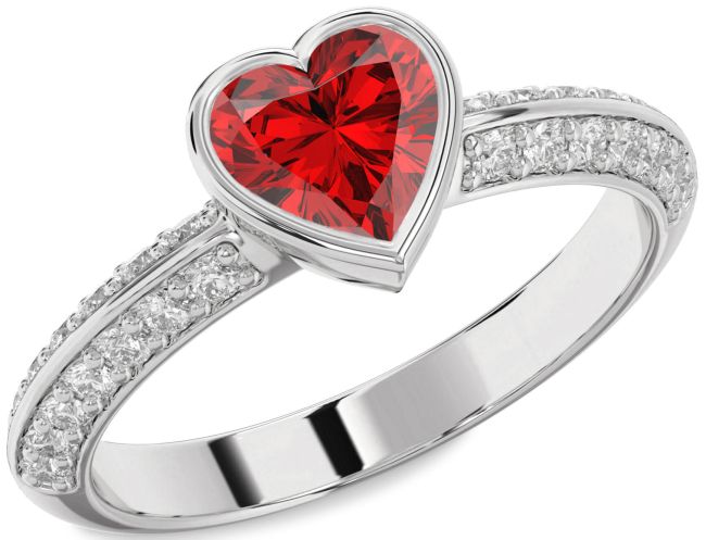 Diamond Ruby Silver Heart Solitaire Pave Engagement Ring