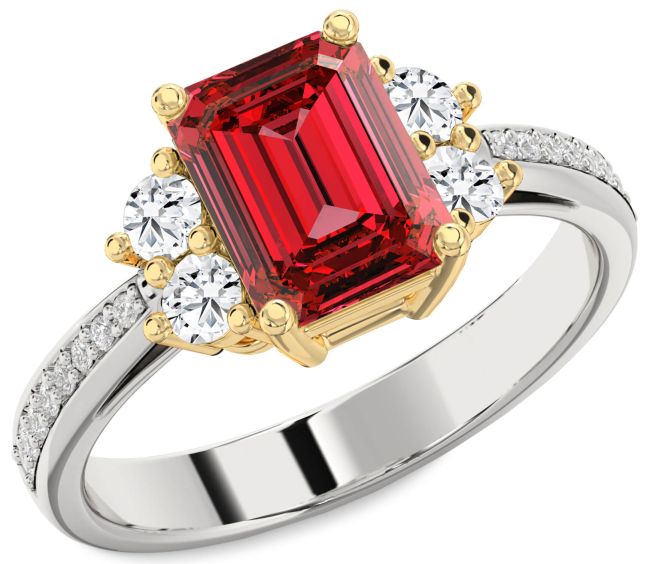 Diamond Ruby Silver & 10K gold Ruby Cut Pave Engagement Ring