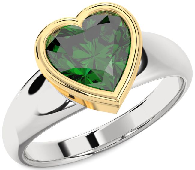 Emerald Gold Silver Heart Solitaire Engagement Ring