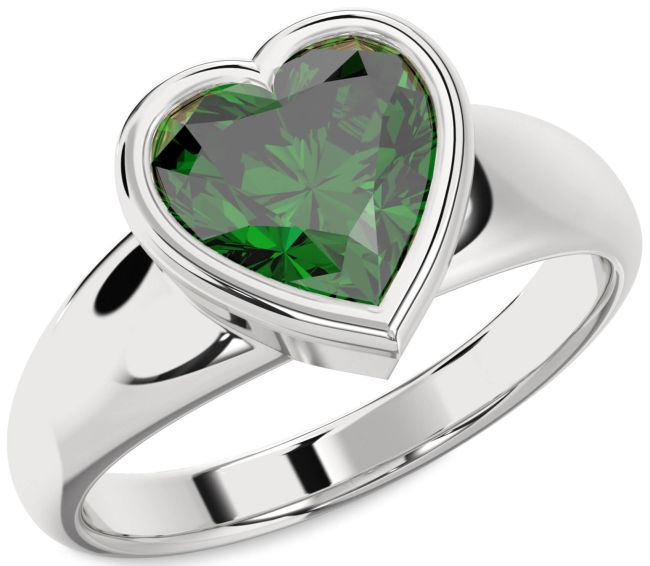 Emerald Silver Heart Solitaire Engagement Ring