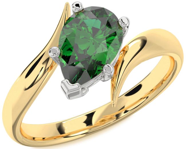 Emerald Gold Silver Pear Solitaire Engagement Ring