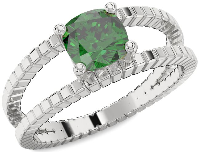 Emerald Silver Cushion Solitaire Engagement Ring