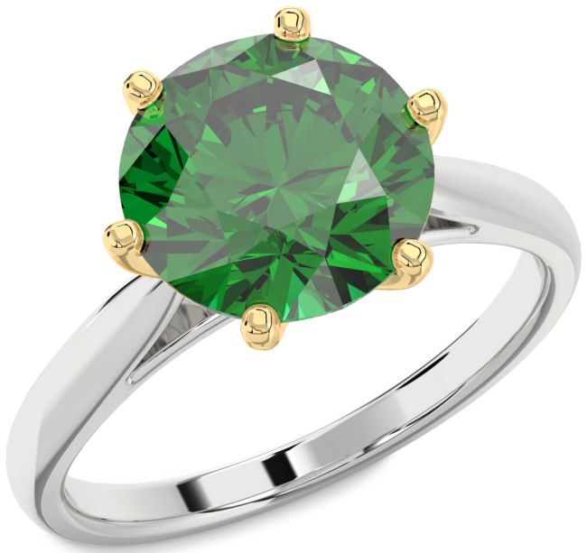 Emerald Gold Silver Round Solitaire Engagement Ring