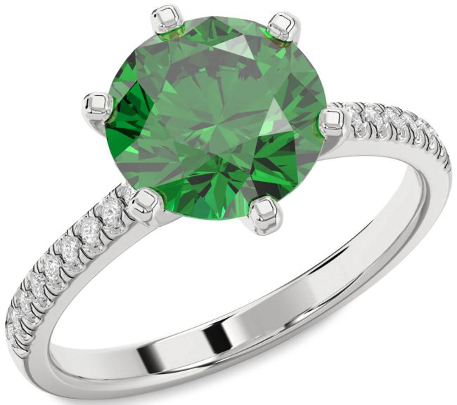 Diamond Emerald Platinum Round Solitaire Pave Engagement Ring