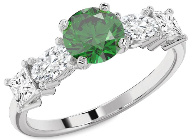 Diamond Emerald Silver Round Engagement Ring