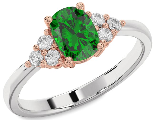 Diamond Emerald Silver & 10K Rose Gold Cushion Rectangular Engagement Ring