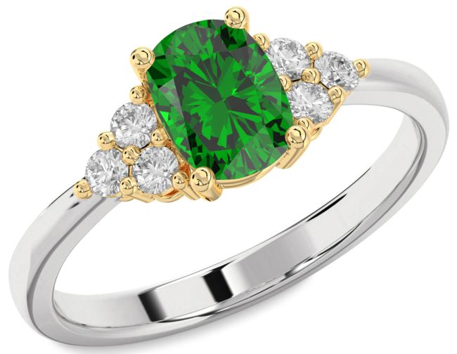 Diamond Emerald Platinum & Yellow Gold Cushion Rectangular Engagement Ring
