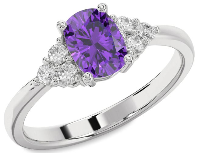Diamond Amethyst Silver Cushion Rectangular Engagement Ring