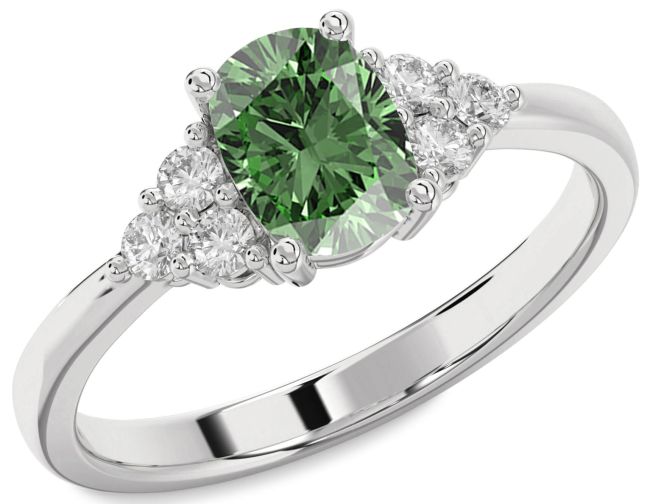 Green Diamond Silver Cushion Rectangular Engagement Ring