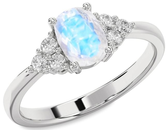 Diamond Moonstone Silver Cushion Rectangular Engagement Ring