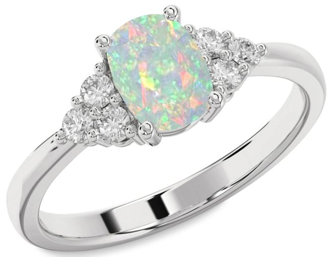 Diamond Opal Silver Cushion Rectangular Engagement Ring
