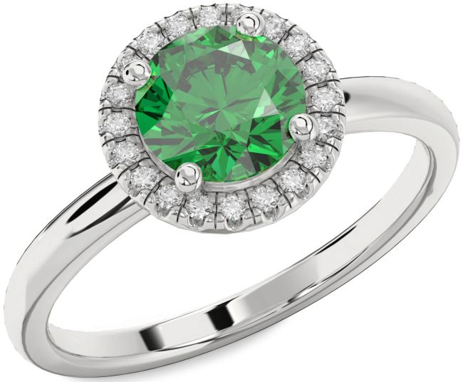 Diamond Emerald Silver Halo Round Engagement Ring