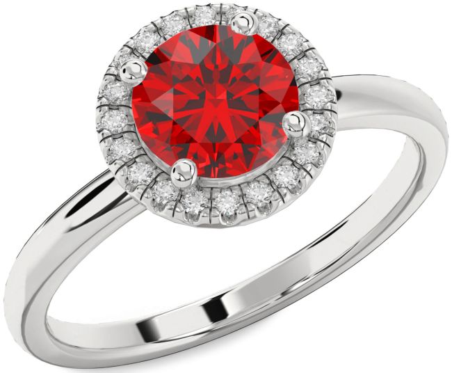 Diamond Ruby Silver Halo Round Engagement Ring