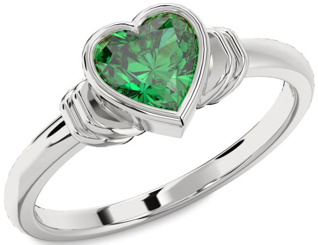 Emerald Silver Heart Solitaire Engagement Ring