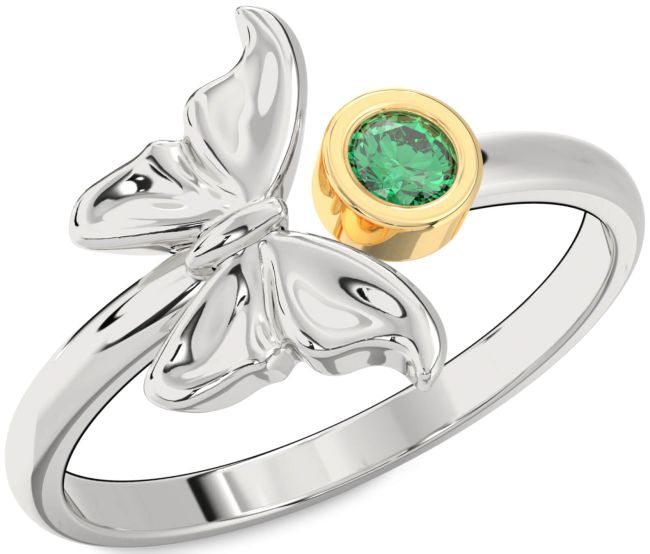 Emerald Gold Silver Butterfly Ring