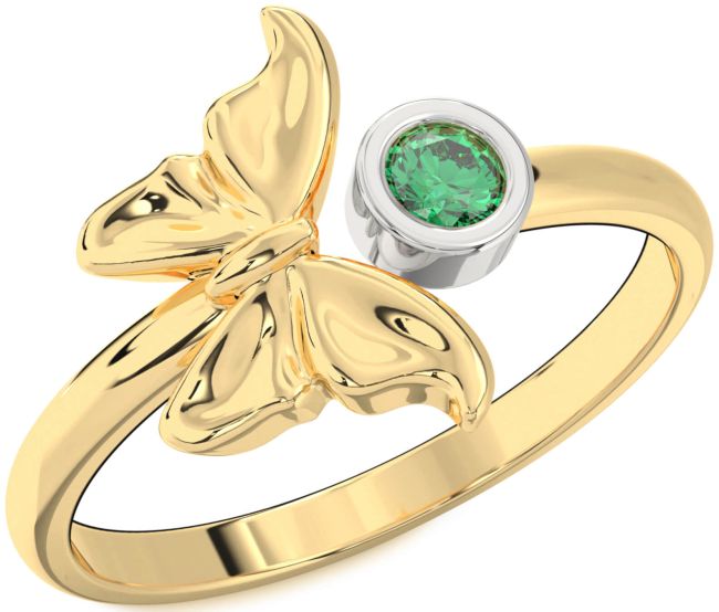 Emerald Gold Silver Butterfly Ring