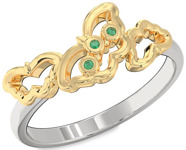 Emerald Gold Silver Butterfly Ring