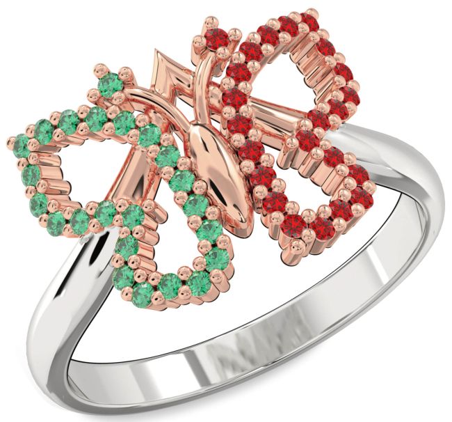 Emerald & Ruby Platinum & Rose Gold Butterfly Ring