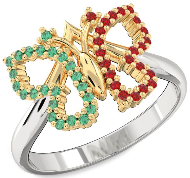 Emerald & Ruby Platinum & Yellow Gold Butterfly Ring