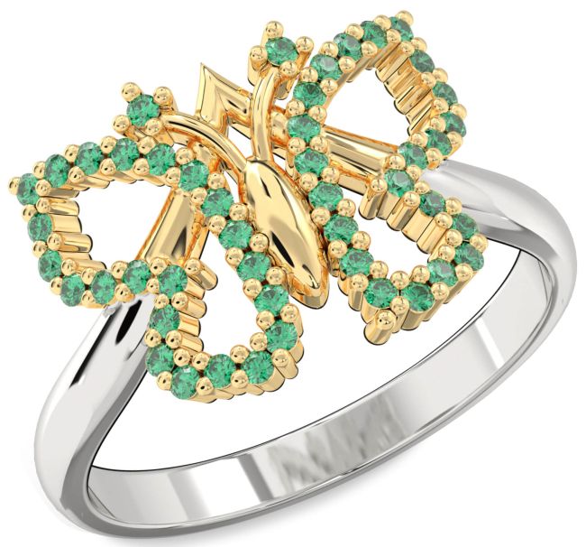 Emerald Gold Silver Butterfly Ring