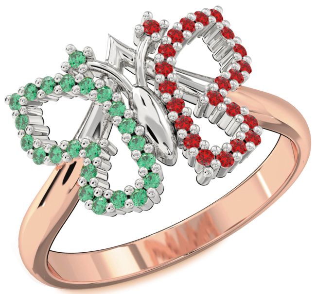 Emerald & Ruby Rose Gold Silver Butterfly Ring