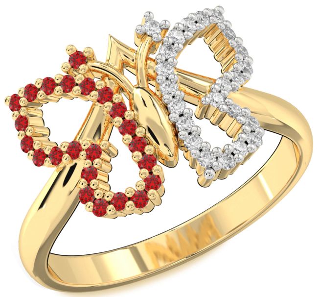 Diamond & Ruby Gold Silver Butterfly Ring