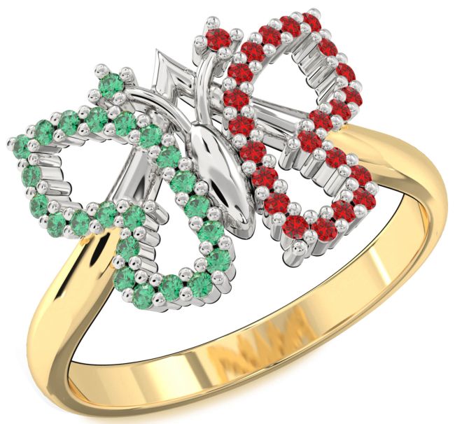 Emerald & Ruby Gold Silver Butterfly Ring
