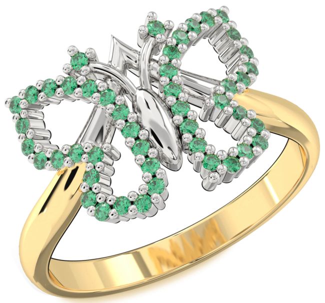 Emerald Gold Silver Butterfly Ring