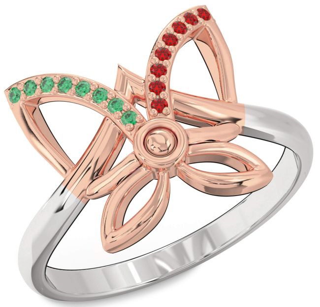 Emerald & Ruby White Rose Gold Butterfly Ring