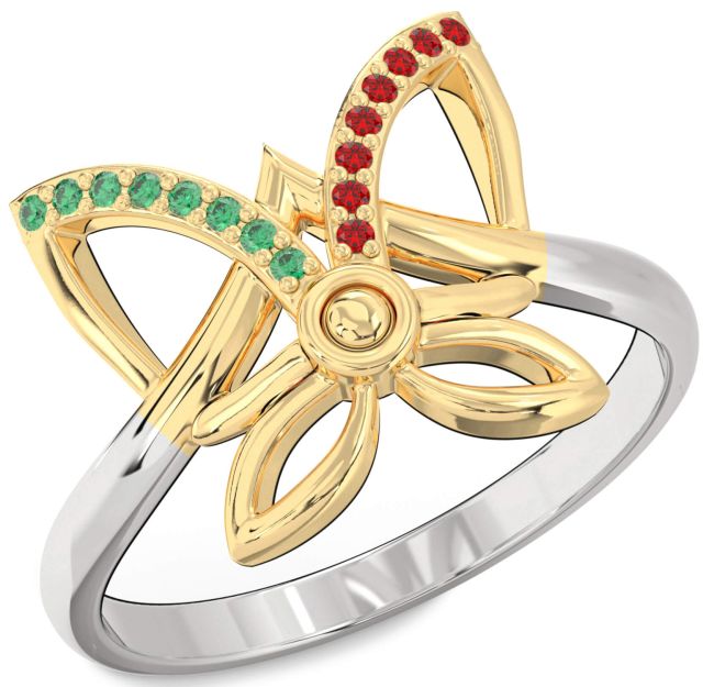 Emerald & Ruby Silver & 10K gold Butterfly Ring