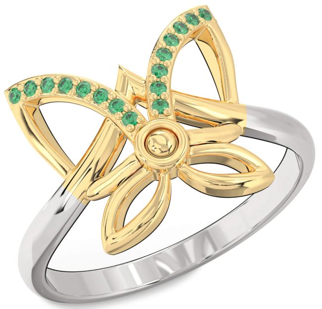 Emerald Gold Silver Butterfly Ring