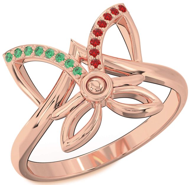 Emerald & Ruby Rose Gold Silver Butterfly Ring