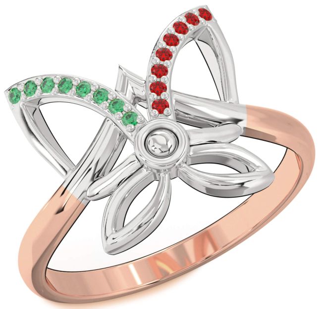 Emerald & Ruby Rose Gold Silver Butterfly Ring