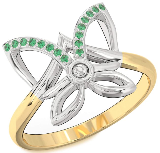 Emerald Gold Silver Butterfly Ring