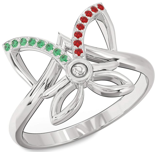 Emerald & Ruby White Gold Butterfly Ring