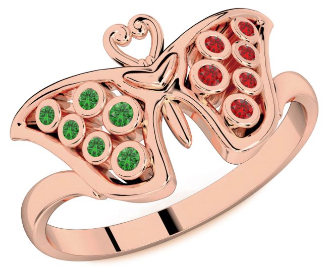 Emerald & Ruby Rose Gold Silver Butterfly Ring