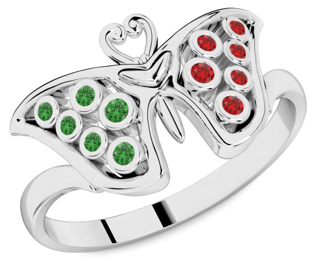 Emerald & Ruby White Gold Butterfly Ring