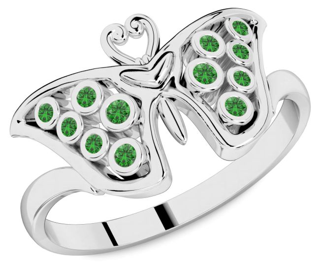 Emerald Silver Butterfly Ring