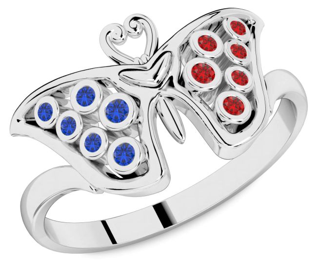 Blue Sapphire & Ruby Silver Butterfly Ring