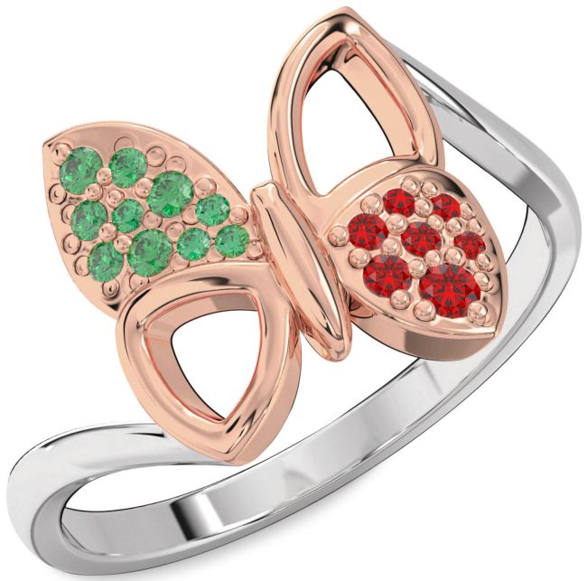 Emerald & Ruby Platinum & Rose Gold Butterfly Ring
