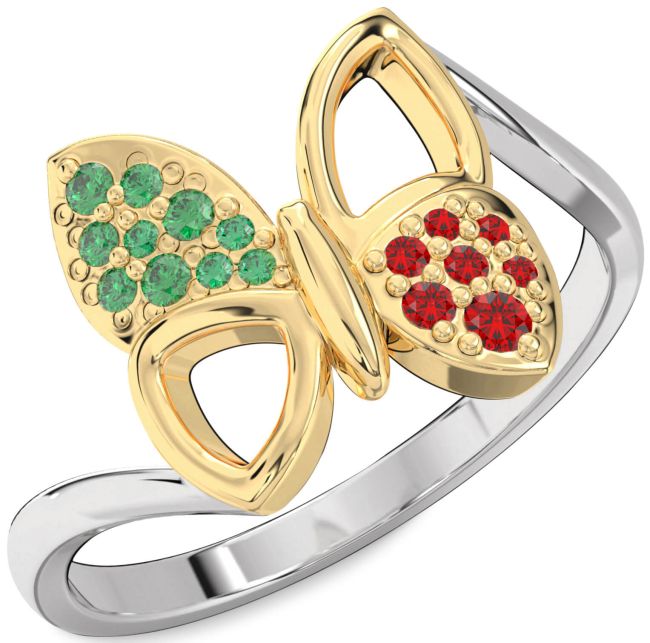 Emerald & Ruby Silver & 10K gold Butterfly Ring
