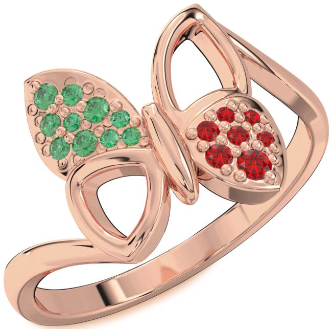 Emerald & Ruby Rose Gold Silver Butterfly Ring