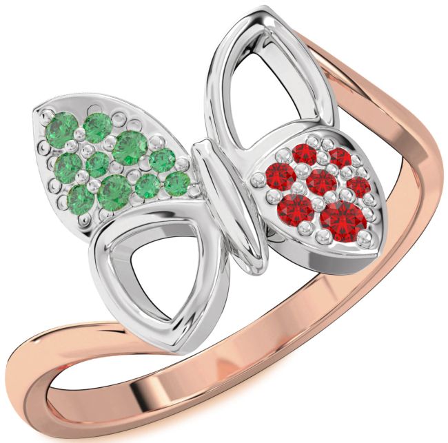 Emerald & Ruby Rose Gold Silver Butterfly Ring