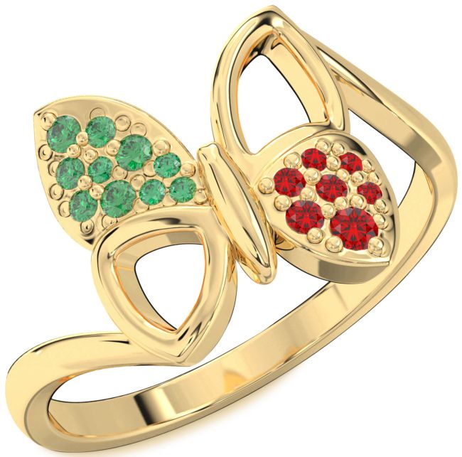Emerald & Ruby Gold Silver Butterfly Ring