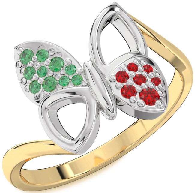 Emerald & Ruby Gold Silver Butterfly Ring